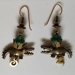 Realistic Large Brass Alligator Dangle Earrings
